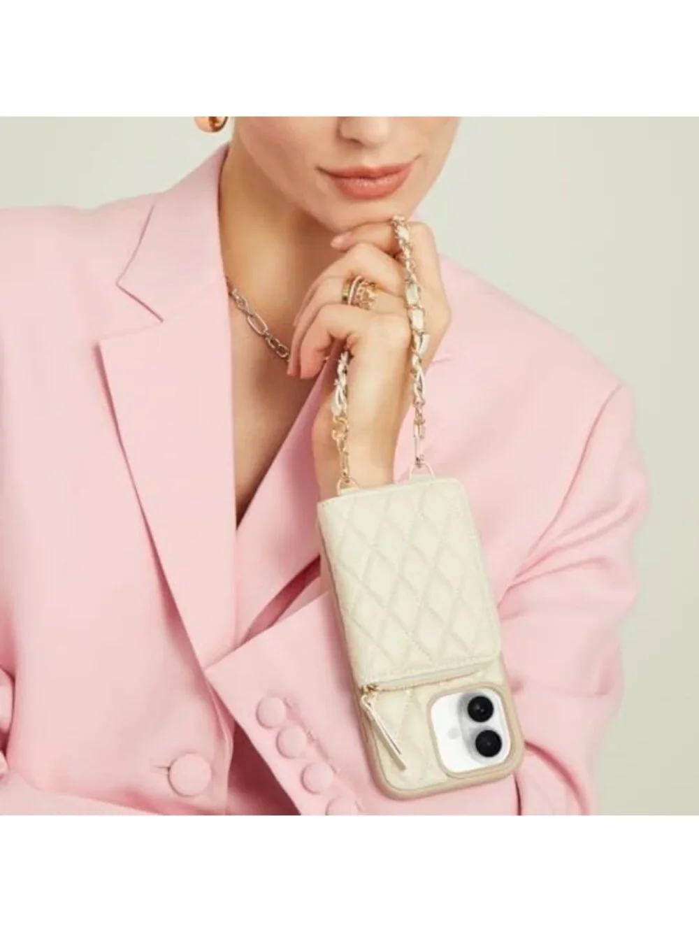 Stylish iPhone 17 Wallet Case with Card Holder & Wrist Strap - Beige Crossbody